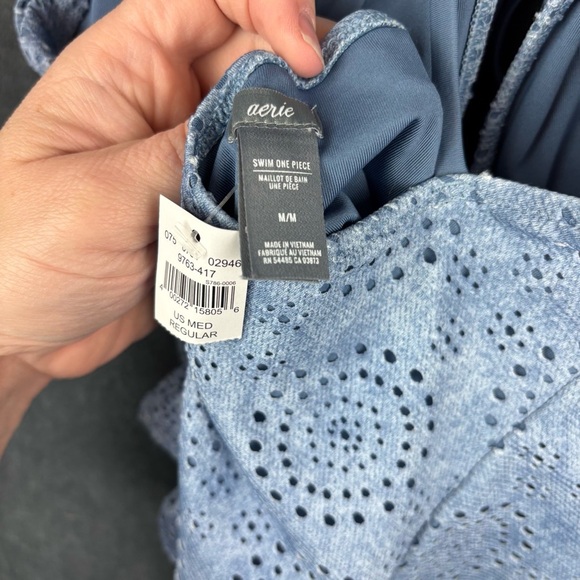 NWT Aerie Lt. Blue Sz M Eyelet 1-Piece Halter Swimsuit with crochet ball detail - Picture 5 of 10